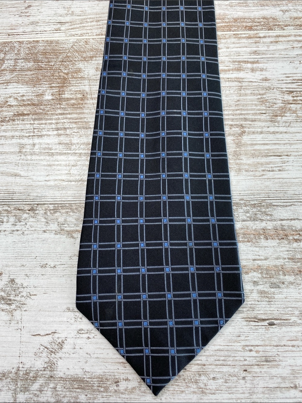 Vintage Van Heusen Silk Tie Geometric Grid Windowpane Black Blue Wide 90s